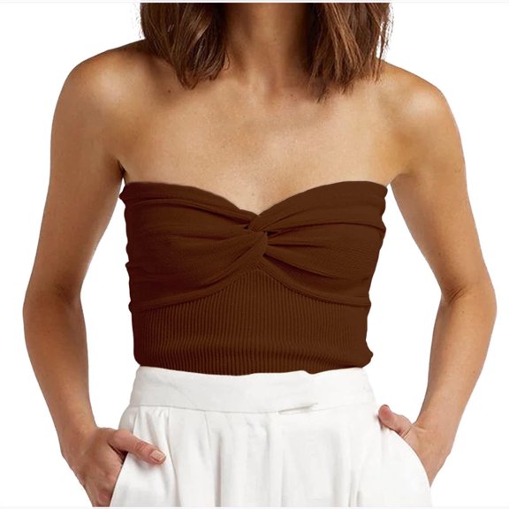 WREESH Womens Tube Top Fashion Strapless Strapless Bra Solid Color Threaded Knitted Top Brown