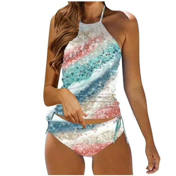 WREESH Womens Tummy Control Tankini Swimsuit Split Bikini Two-Piece Print Beach Swimsuit Beachwear Bathing Suits Pink