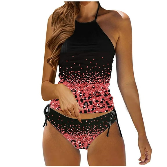 WREESH Womens Tummy Control Tankini Swimsuit Split Bikini Two-Piece Print Beach Swimsuit Beachwear Bathing Suits Red
