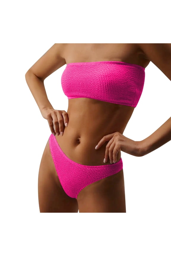 Womens Two Piece Swimsuit Bandeau Bikini Sets High Cut Bikini Fashion Wrinkle Cloth Bra Stripe Bikini Swimsuit Beach Bathing Suit Hot Pink