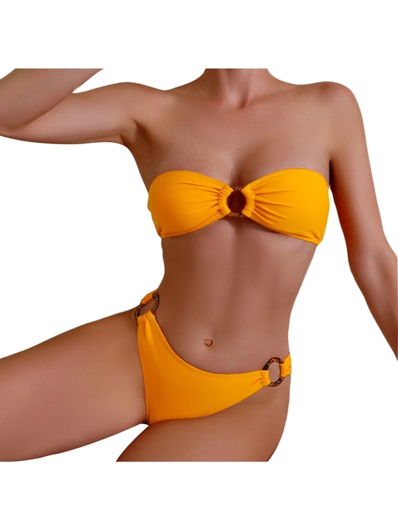 Womens Two Piece Swimsuit Bandeau Bikini Sets High Cut Bikini Solid New Fashion Split Swimsuit Casual Bikini Swimsuit Set Beach Bathing Suit Orange