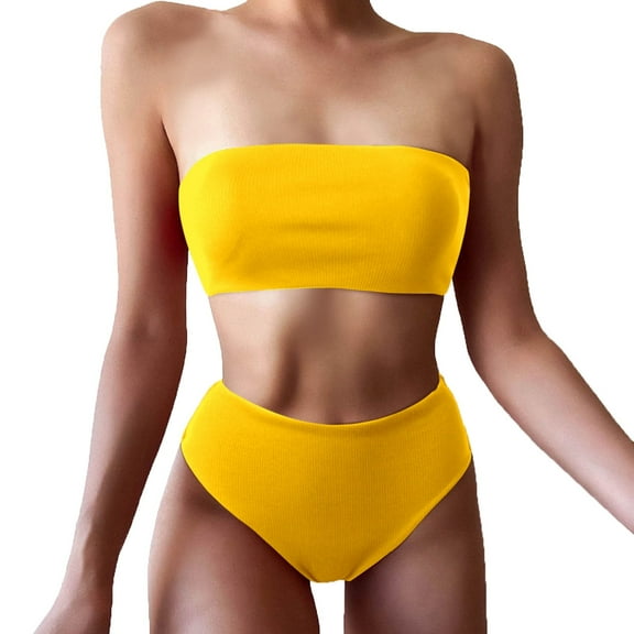 WREESH Womens Two Piece Swimsuit Bandeau Bikini Sets Swimsuit Split Swimsuit Bikini Set Beach Bathing Suit Yellow