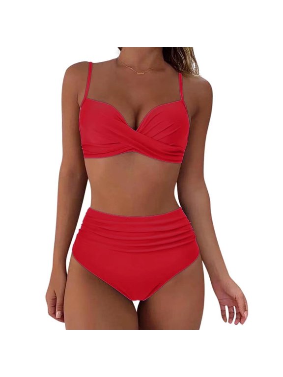 Womens Two Piece Swimsuit Bikini Sets High Waisted Bikini Swimsuit Split Body High Waist Belly Covering Tight Fitting Bikini Swimsuit Beach Bathing Suit Red