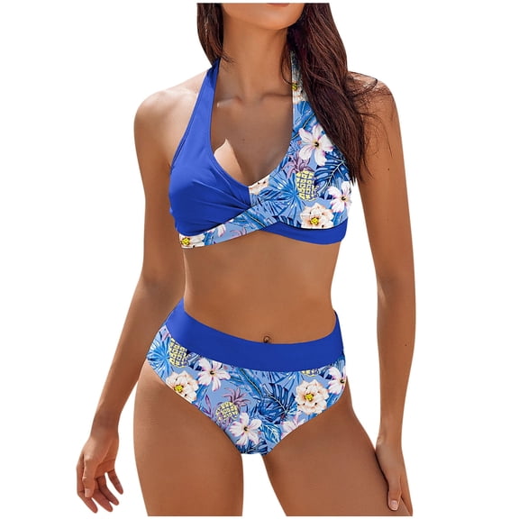 WREESH Womens Two Piece Swimsuit Bikini Sets High Waisted Bikini Retro Printed Swimsuit Set Swimsuit Beach Skirt Set Split Swimsuit Set Bathing Suit Blue
