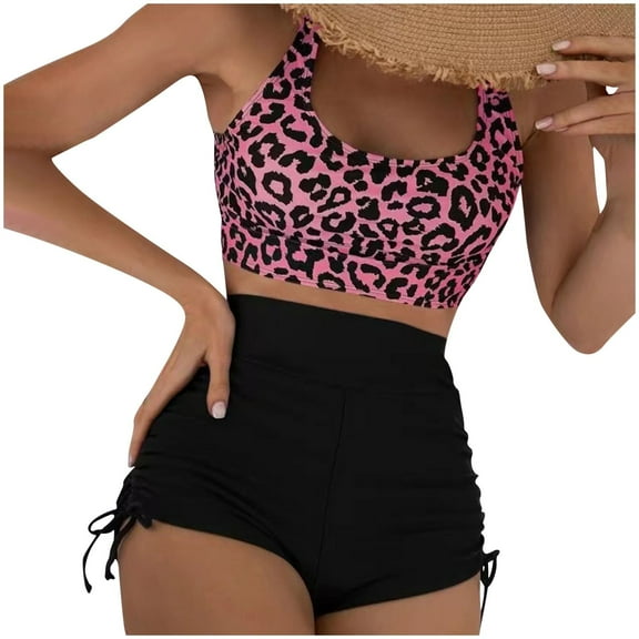 WREESH Womens Two Piece Swimsuit Cami Top Shorts Fashion Leopard Printed Casual Backless Split High Waist Beach Bikinis Swimsuit Sets Bathing Suit Red