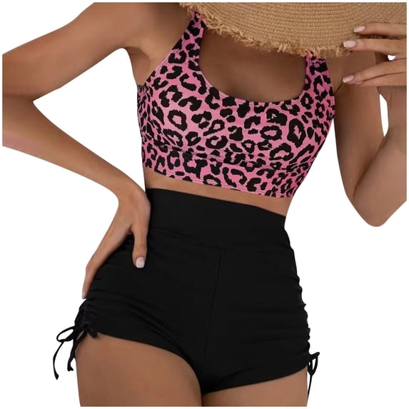 WREESH Womens Two Piece Swimsuit Cami Top Shorts Fashion Leopard Printed Casual Backless Split High Waist Beach Bikinis Swimsuit Sets Bathing Suit Red