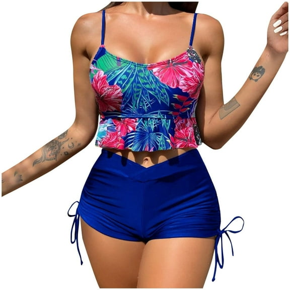 WREESH Womens Two Piece Swimsuit Cami Top Shorts Fashion Printed Casual Split High Waist Boxers Beach Bikinis Swimsuit Sets Bathing Suit Blue