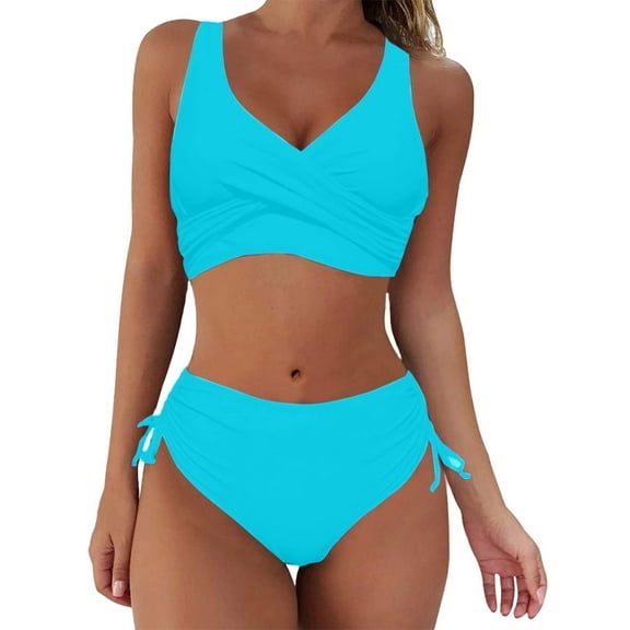 WREESH Womens Two Piece Swimsuit Criss Cross Bathing Suit High Waisted Bikini Solid Backless Bikini Bandage Swimsuit Beachwear Set Blue