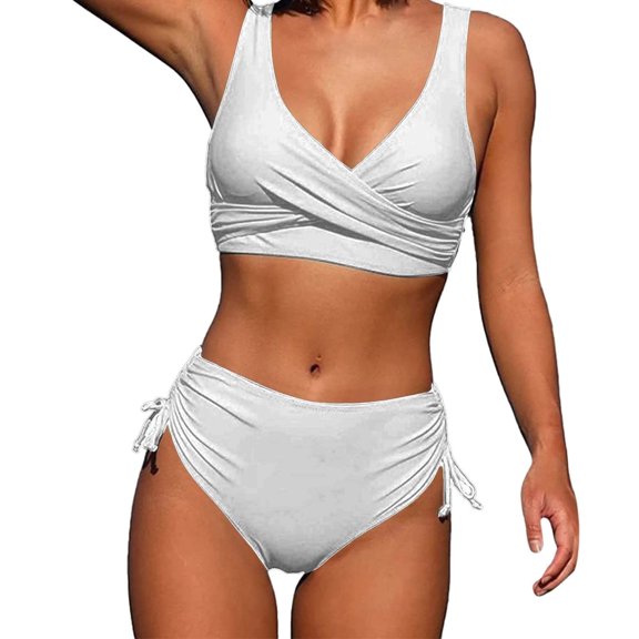 WREESH Womens Two Piece Swimsuit Criss Cross Bathing Suit High Waisted Bikini Solid Backless Bikini Bandage Swimsuit Beachwear Set White