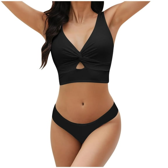 WREESH Womens Two Piece Swimsuit Fashion Solid Padded Push Up Bikini Sets Swimwear Beachwear Bathing Suit Black