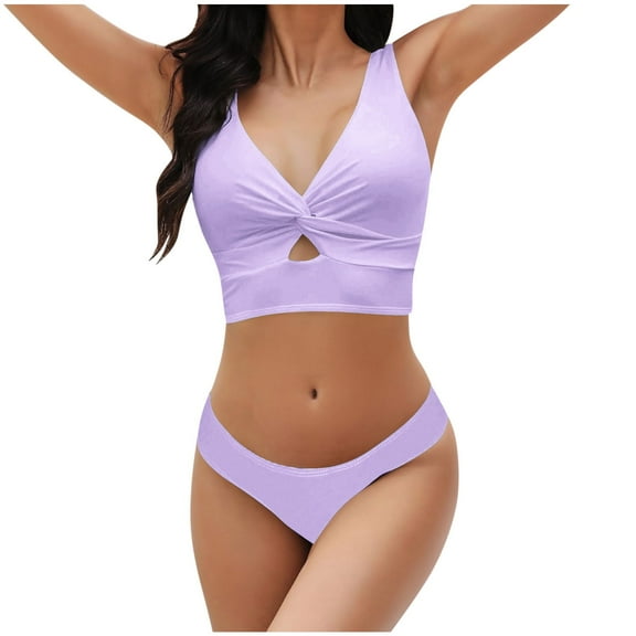 WREESH Womens Two Piece Swimsuit Fashion Solid Padded Push Up Bikini Sets Swimwear Beachwear Bathing Suit Purple