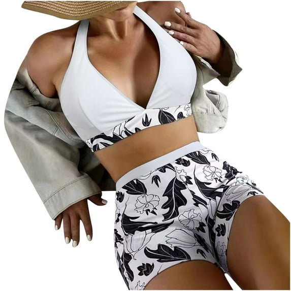 WREESH Womens Two Piece Swimsuit Halter Bikini Set Athletic Bathing Suits with Chest Pad Without Underwire Print Deep V High-Waisted Patchwork Swimming Trunks Split Swimsuit White