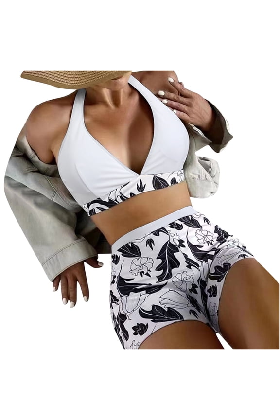 Womens Two Piece Swimsuit Halter Bikini Set Athletic Bathing Suits with Chest Pad Without Underwire Print Deep V High-Waisted Patchwork Swimming Trunks Split Swimsuit White