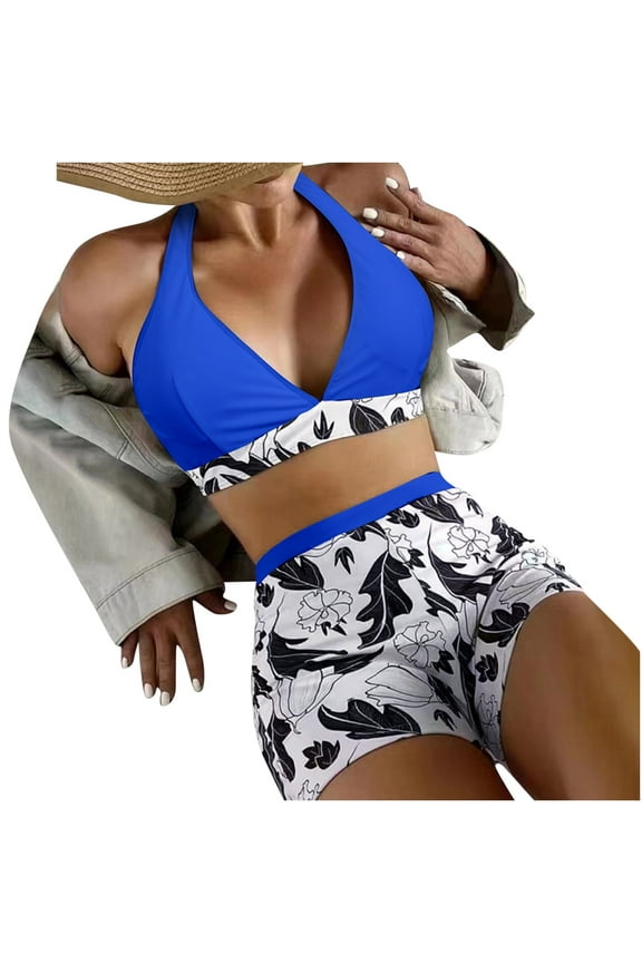 Womens Two Piece Swimsuit Halter Bikini Set Athletic Bathing Suits with Chest Pad Without Underwire Print Deep V High-Waisted Patchwork Swimming Trunks Split Swimsuit Blue