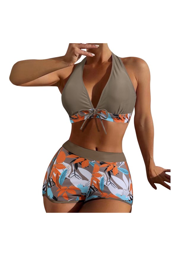 Womens Two Piece Swimsuit Halter Bikini Set Athletic Bathing Suits with Chest Pad Without Underwire Print Deep V High-Waisted Patchwork Swimming Trunks Split Swimsuit Brown