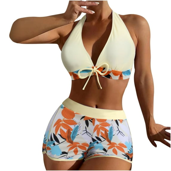 WREESH Womens Two Piece Swimsuit Halter Bikini Set Athletic Bathing Suits with Chest Pad Without Underwire Print Deep V High-Waisted Patchwork Swimming Trunks Split Swimsuit Yellow