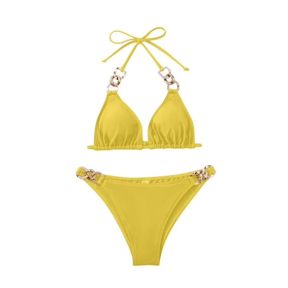 WREESH Womens Two Piece Swimsuit Halter Bikini Set Fashion Solid Bikini Push-Up Padded Swimsuit Set Beach Bathing Suit Yellow