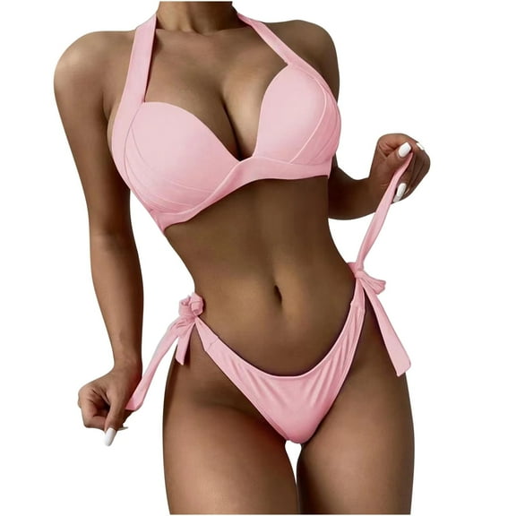 WREESH Womens Two Piece Swimsuit Halter Bikini Set High Cut Bikini Fashion Solid Bikini Push-Up Padded Swimsuit Set Beach Bathing Suit Pink