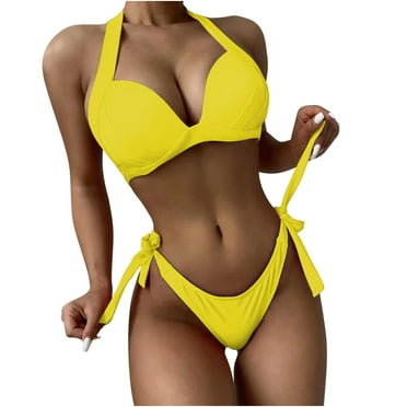 WREESH Womens Two Piece Swimsuit Halter Bikini Set High Cut Bikini Fashion Solid Bikini Push-Up Padded Swimsuit Set Beach Bathing Suit Yellow