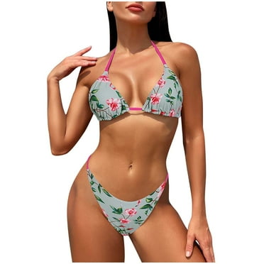 WREESH Womens Two Piece Swimsuit Halter Bikini Set High Cut Bikini Split Body Three Point Backless Bikini Swimsuit Beach Bathing Suit Green
