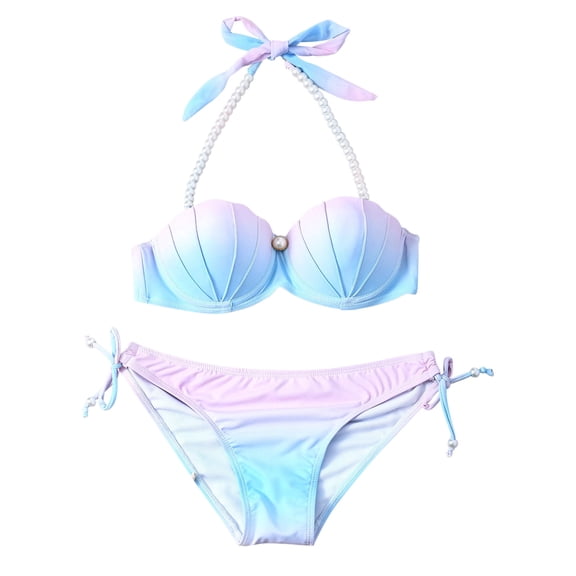 WREESH Womens Two Piece Swimsuit Halter Bikini Set String Of Pearls Bandage Fashion Gradient Bra Beach Bikini Set Swimsuit Beachwear Swimwear Bikinis Sets Bathing Suit Pink