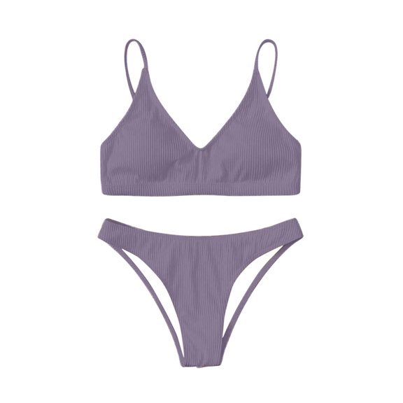 WREESH Womens Two Piece Swimsuit High Cut Bikini Fashion Solid Bikini Push-Up Padded Swimsuit Set Beach Bathing Suit Purple
