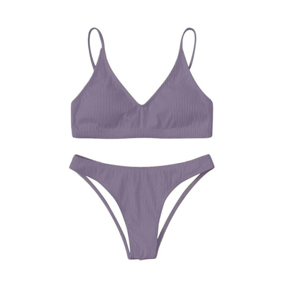 WREESH Womens Two Piece Swimsuit High Cut Bikini Fashion Solid Bikini Push-Up Padded Swimsuit Set Beach Bathing Suit Purple