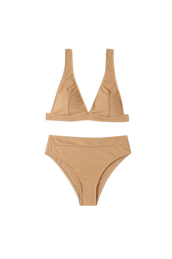 Womens Two Piece Swimsuit High Cut Bikini Fashion Solid Swimwear Bikini Split Swimsuit Set Beach Bathing Suit Beige