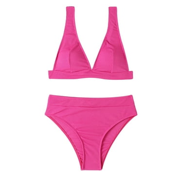 WREESH Womens Two Piece Swimsuit High Cut Bikini Fashion Solid Swimwear Bikini Split Swimsuit Set Beach Bathing Suit Hot Pink