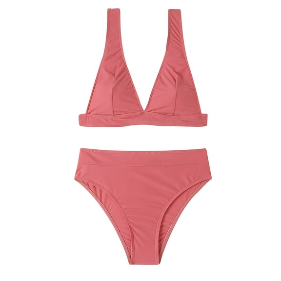 WREESH Womens Two Piece Swimsuit High Cut Bikini Fashion Solid Swimwear Bikini Split Swimsuit Set Beach Bathing Suit Pink