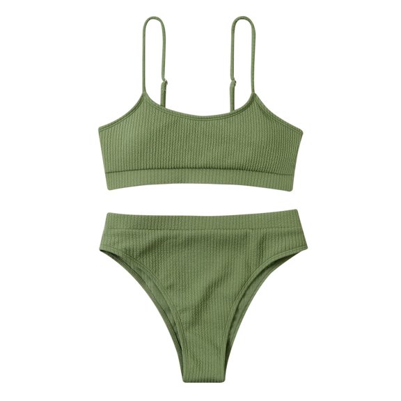 WREESH Womens Two Piece Swimsuit High Cut Bikini Fashion Solid High Waist Bikini Push-Up Padded Swimsuit Beachwear Set Bikinis Siuts Bathing Suit Olive Green