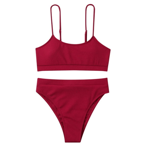 WREESH Womens Two Piece Swimsuit High Cut Bikini Fashion Solid High Waist Bikini Push-Up Padded Swimsuit Beachwear Set Bikinis Siuts Bathing Suit Wine