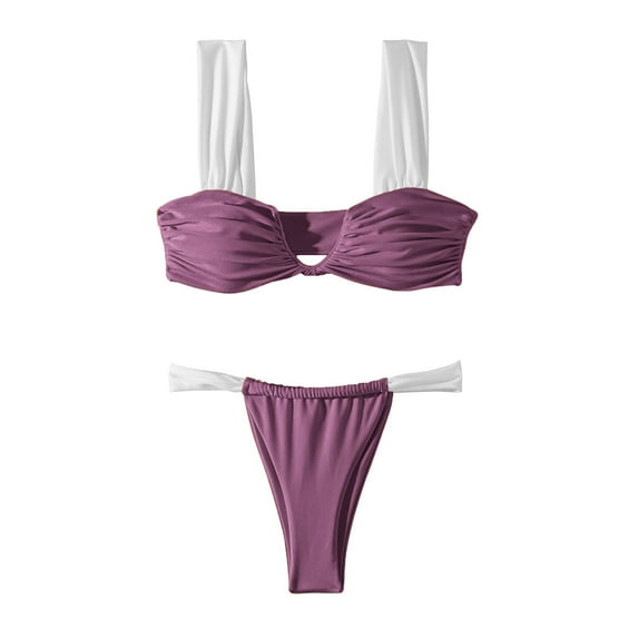 WREESH Womens Two Piece Swimsuit High Cut Thong Bikini Set New Swimsuit Printed Bikini Swimsuit Beach Bathing Suit Purple