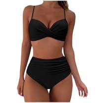 WREESH Womens Two Piece Swimsuit High Waisted Bikini Fashion Solid Bikini Push-Up Padded Swimsuit Beachwear Set Bathing Suit Black