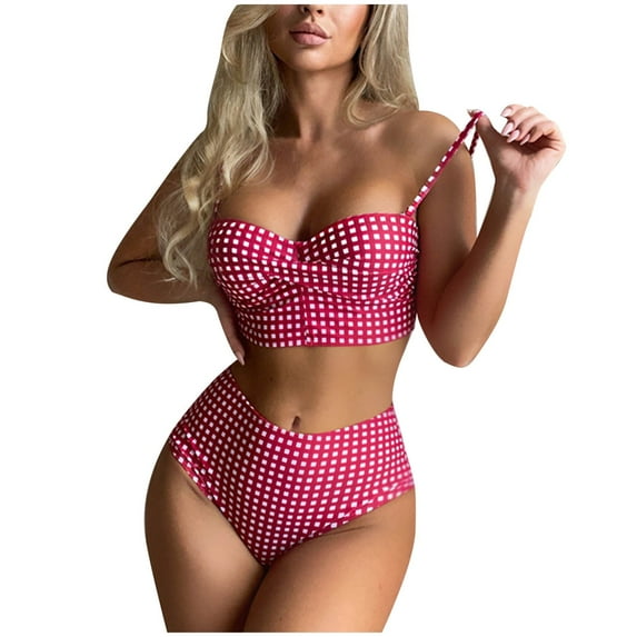 WREESH Womens Two Piece Swimsuit High Waisted Bikini Plaid Backless Split High Waist Bikini Lace-Up Beach Bathing Suit Hot Pink