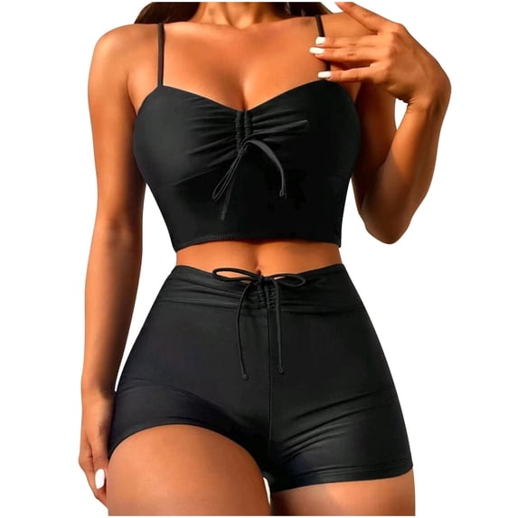 WREESH Womens Two Piece Swimsuit High Waisted Bikini Set Spaghetti Strap Cami Top and Tie Side Bikini Set Push-Up Swimwear Beachwear Swimsuit Bathing Suit Black