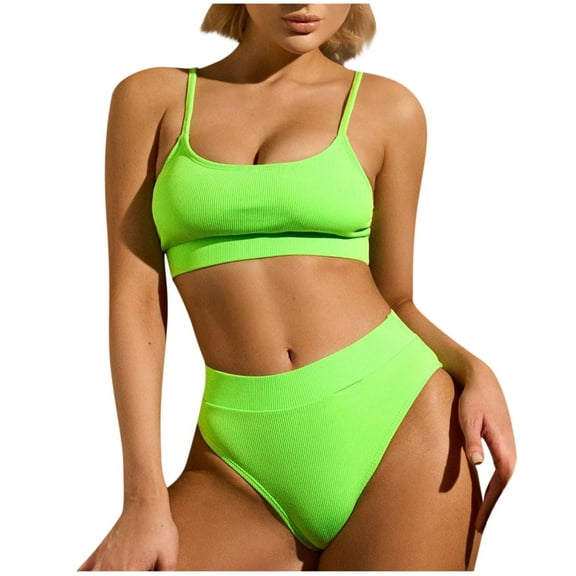WREESH Womens Two Piece Swimsuit High Waisted Bikini Solid Color High Waisted Small Stripe Bikini Foreign Trade Swimsuit Beach Bathing Suit Green