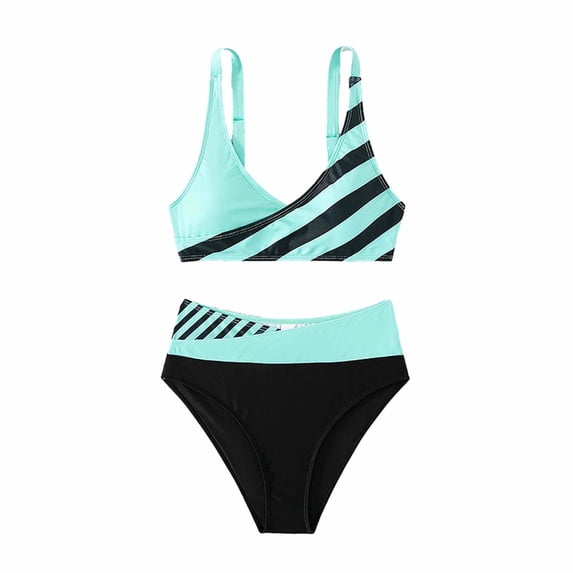 WREESH Womens Two Piece Swimsuit High Waisted Bikini Swimwear Bikini Strap Swimsuit European and American Striped Over Split Swimsuit Bikini Beach Bathing Suit Light Blue