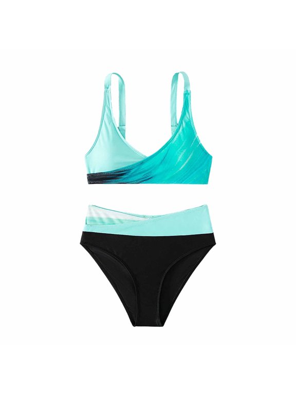 Womens Two Piece Swimsuit High Waisted Bikini Swimwear Bikini Strap Swimsuit European and American Striped Over Split Swimsuit Bikini Beach Bathing Suit Green