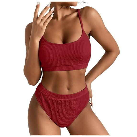 WREESH Womens Two Piece Swimsuit High Waisted Swimsuit High Waist Lace Up Bikini Swimsuit Color Backless Belted Swimsuit Beach Bathing Suit Red