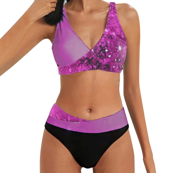 WREESH Womens Two Piece Swimsuit High Waisted Swimsuit New Fashion Split Swimsuit Casual Bikini Swimsuit Beach Bathing Suit Purple