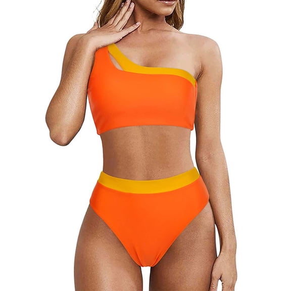 WREESH Womens Two Piece Swimsuit One Shoulder Bathing Suits High Waisted Bikini One Shoulder Panel High Waist Split Bikini Swimwear Orange