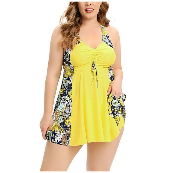 WREESH Womens Two Piece Swimsuit Plus Size Swim Dress Fashion Large Split Bikini Swimwear Flat Angle Swimwear Set Swimwear Beach Bathing Suit Yellow