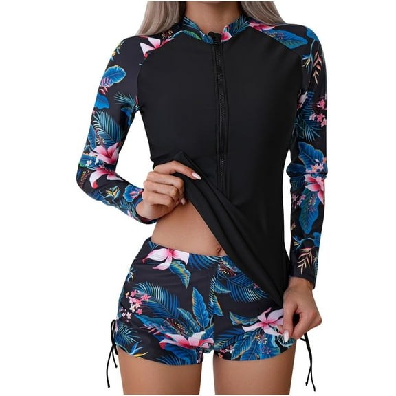 WREESH Womens Two Piece Swimsuit Rash Guard Swimsuits New Fashion Long Sleeve Split Swimsuit Casual Bikini Swimsuit Beach Bathing Suit Black
