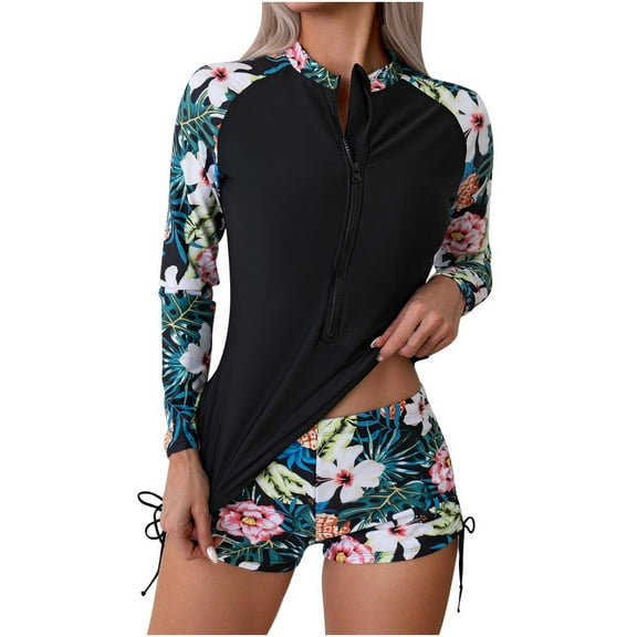 WREESH Womens Two Piece Swimsuit Rash Guard Swimsuits New Fashion Long Sleeve Split Swimsuit Casual Bikini Swimsuit Beach Bathing Suit Black