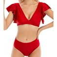 thumbnail image 1 of WREESH Womens Two Piece Swimsuit Ruffle Short Sleeve Crop Top Bathing Suit High Waisted Swimsuit Solid Color Fashion Casual High Waist Ruffled Split Bikinis Sets Red, 1 of 9