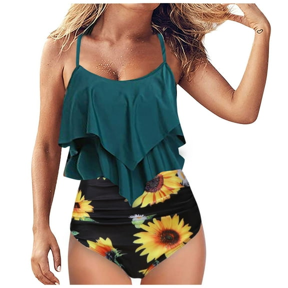 WREESH Womens Two Piece Swimsuit Ruffle Tankini Swimsuit Fashion Printing Bikini Push-Up Padded Swimsuit Beachwear Set Bathing Suit Black