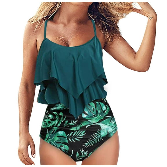WREESH Womens Two Piece Swimsuit Ruffle Tankini Swimsuit Fashion Printing Bikini Push-Up Padded Swimsuit Beachwear Set Bathing Suit Green