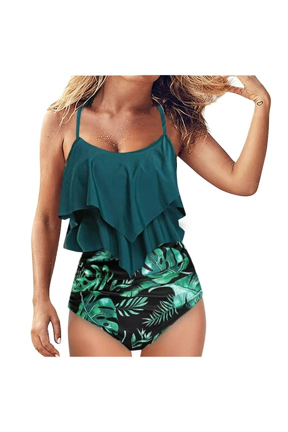 Womens Two Piece Swimsuit Ruffle Tankini Swimsuit Fashion Printing Bikini Push-Up Padded Swimsuit Beachwear Set Bathing Suit Green