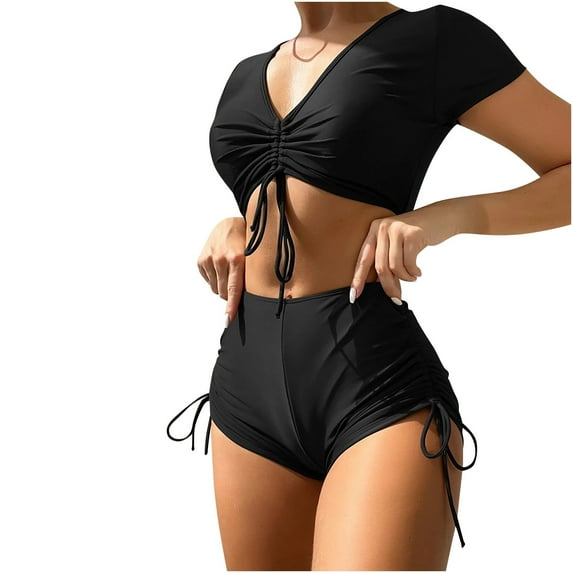 WREESH Womens Two Piece Swimsuit Short Sleeve Crop Top Bathing Suit Ruched Side Board Shorts Summer Bikini Sets Fashion Color Split Swimwear Set Black